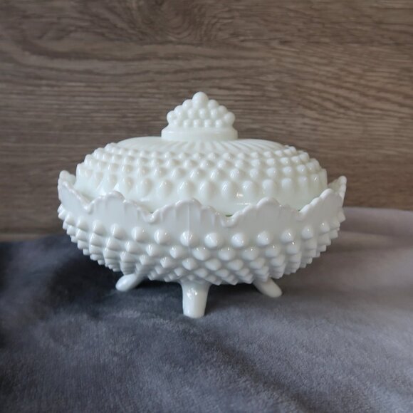 Vintage Fenton Marked Milk Glass Hobnail Textured Oval Lidded Candy Bowl - Picture 12 of 16